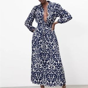 Zara Blue/White Printed Midi Dress